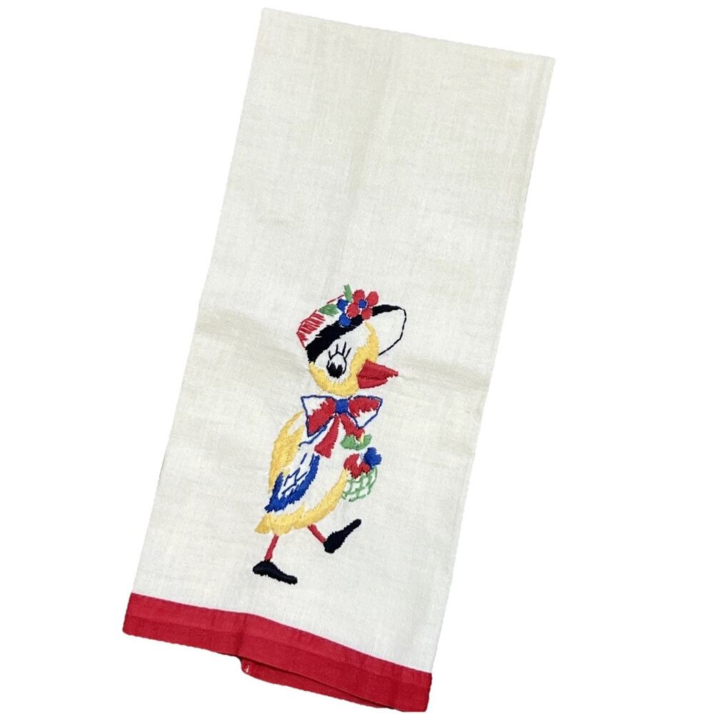 Vintage Hand Embroidered Anthropomorphic Chick Dish Tea Towel Red Linen Kitsch